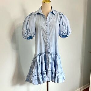 KLEID for Her,Powder-Blue Puff-Sleeve Ruffle Mini Dress,Romantic Cotton,SizeXS/S